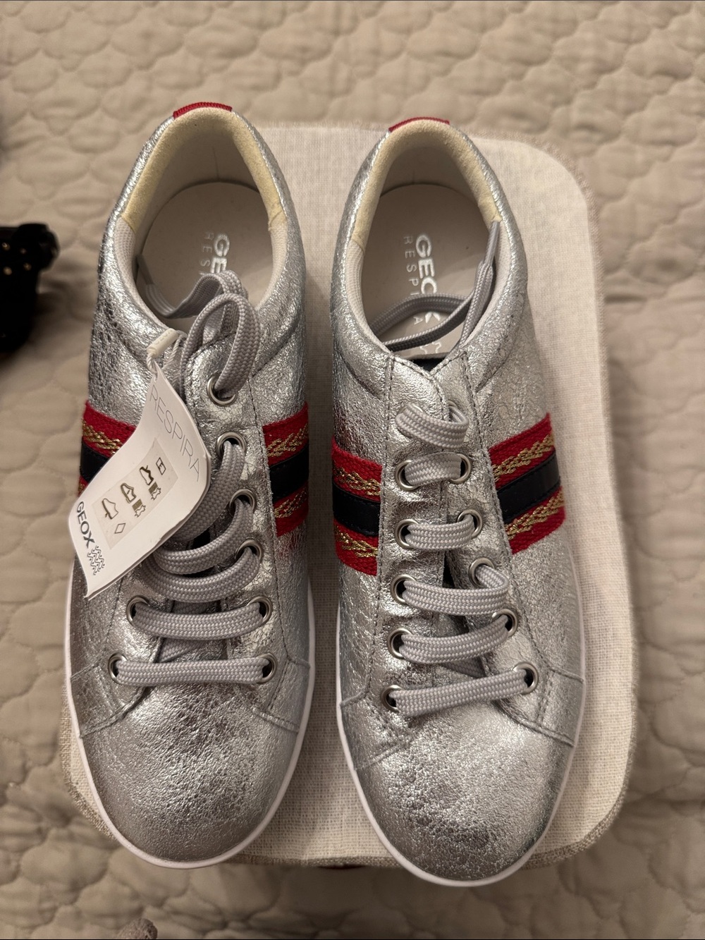 Geox Silver Metallic Sneakers with Red and Black Stripe Detail